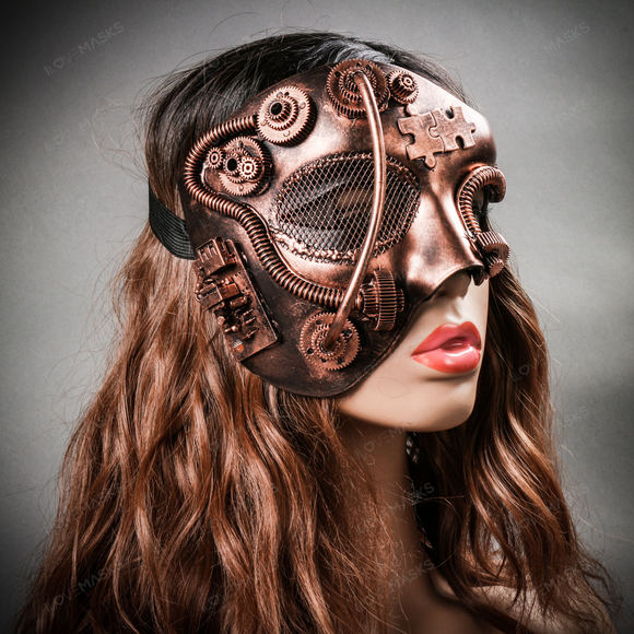 Phantom of Opera Steampunk Masquerade Half Face Mask - Copper - Picture 7 of 10